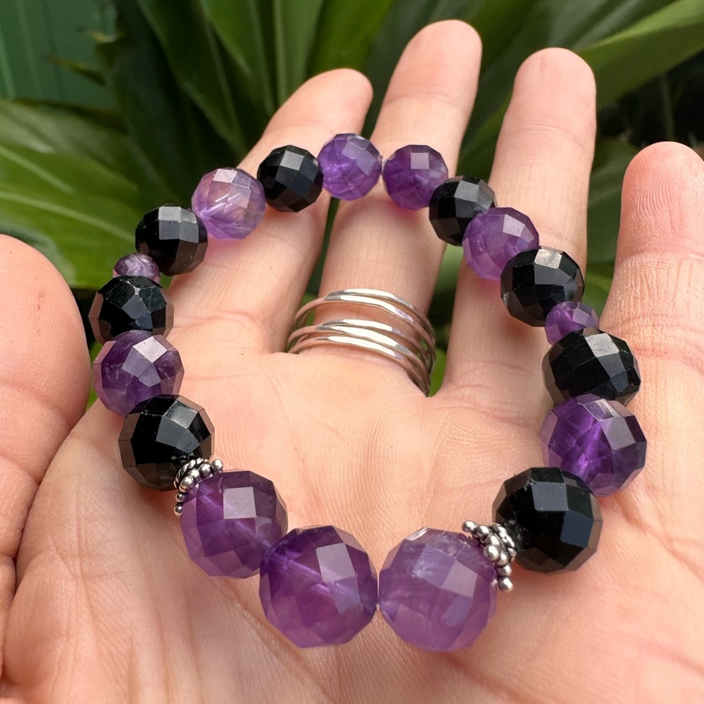Handmade Amethyst Black Tourmaline Bracelet Made in Maui Fine Faceted Beaded